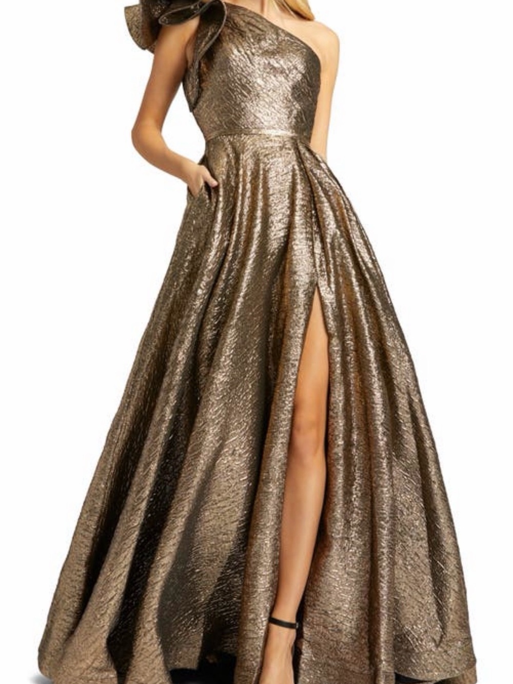 Mac Duggal One-Shoulder Metallic Bronze-Gold Evening Gown - Picture 3 of 5